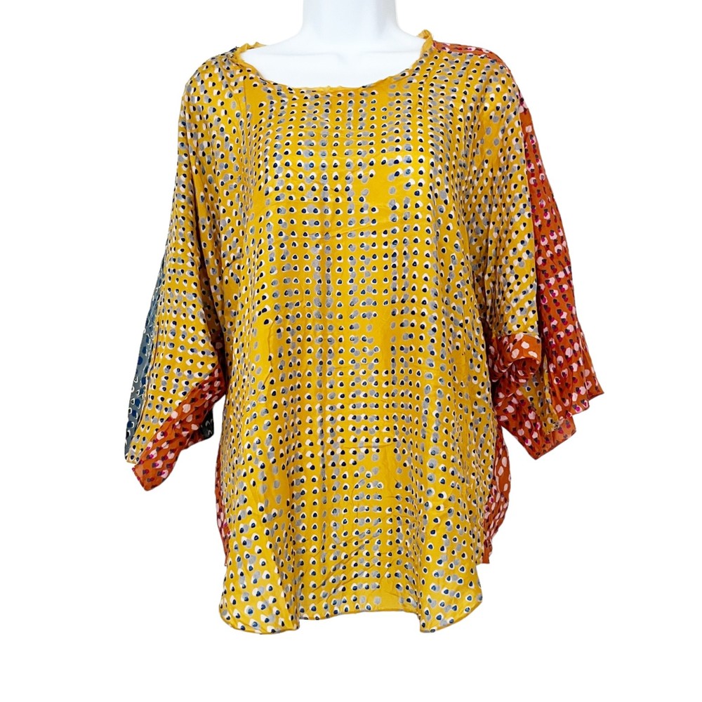 Anthropologie Silk Sanchita Placed Pixels Blouse Boxy Top Drop Raw Edge Sz L